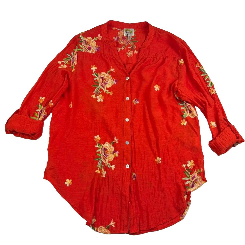 Fig & Flower XL Embroidered Floral Button Front Tunic Shirt Burnt Orange Red